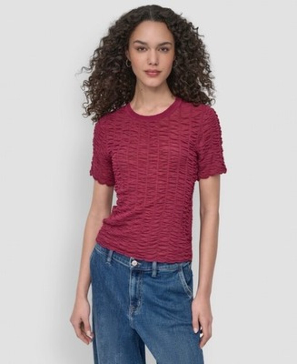 DKNY Rayon-Blend Textured Stretch Crewneck Top Women's Medium Beet Short Sleeve